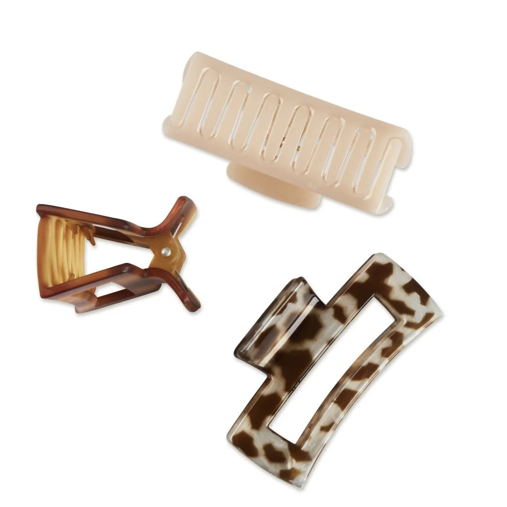 Open Cut Rectangular Claw Clips, Assorted Neutrals, 3 Ct