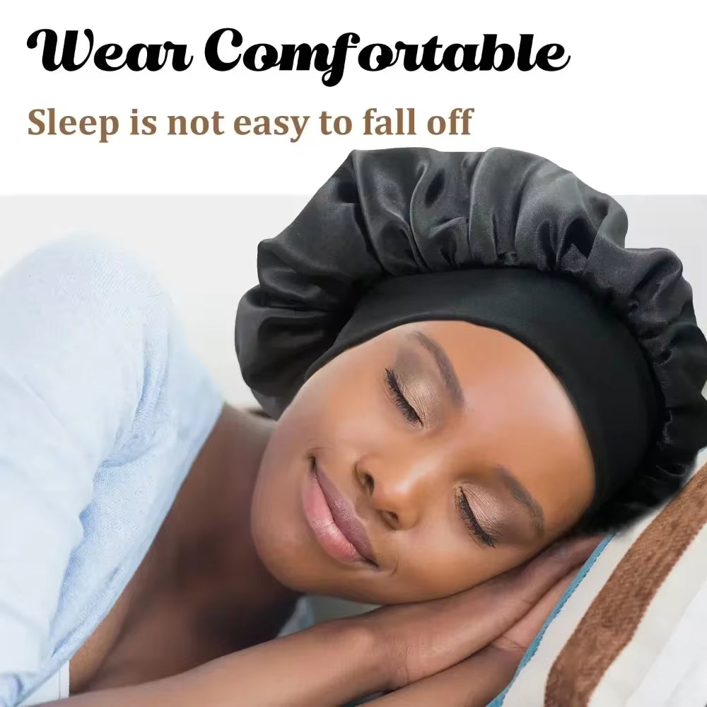 New Unisex Head Wrap Elastic Band Bonnet Sleep Cap with Premium Soft Band Large Satin Silky Bonnets for Women Hair Care