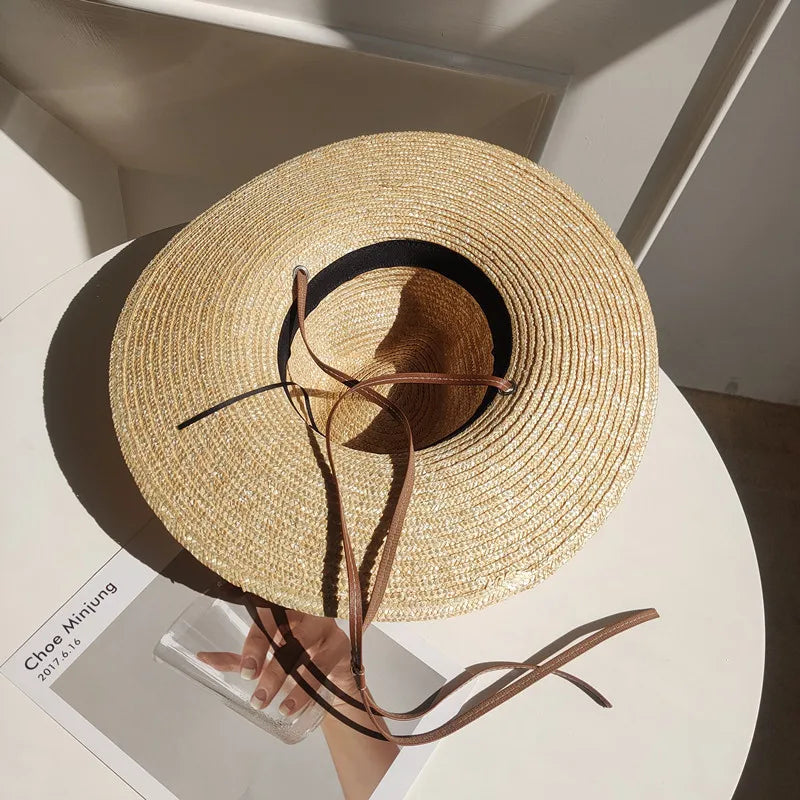 New 2024 Belt Strap Straw Sun Hat for Women Fashion Vacation Beach UV Hats Summer Wide Brim Travel Panama Hats Outdoor Wholesale