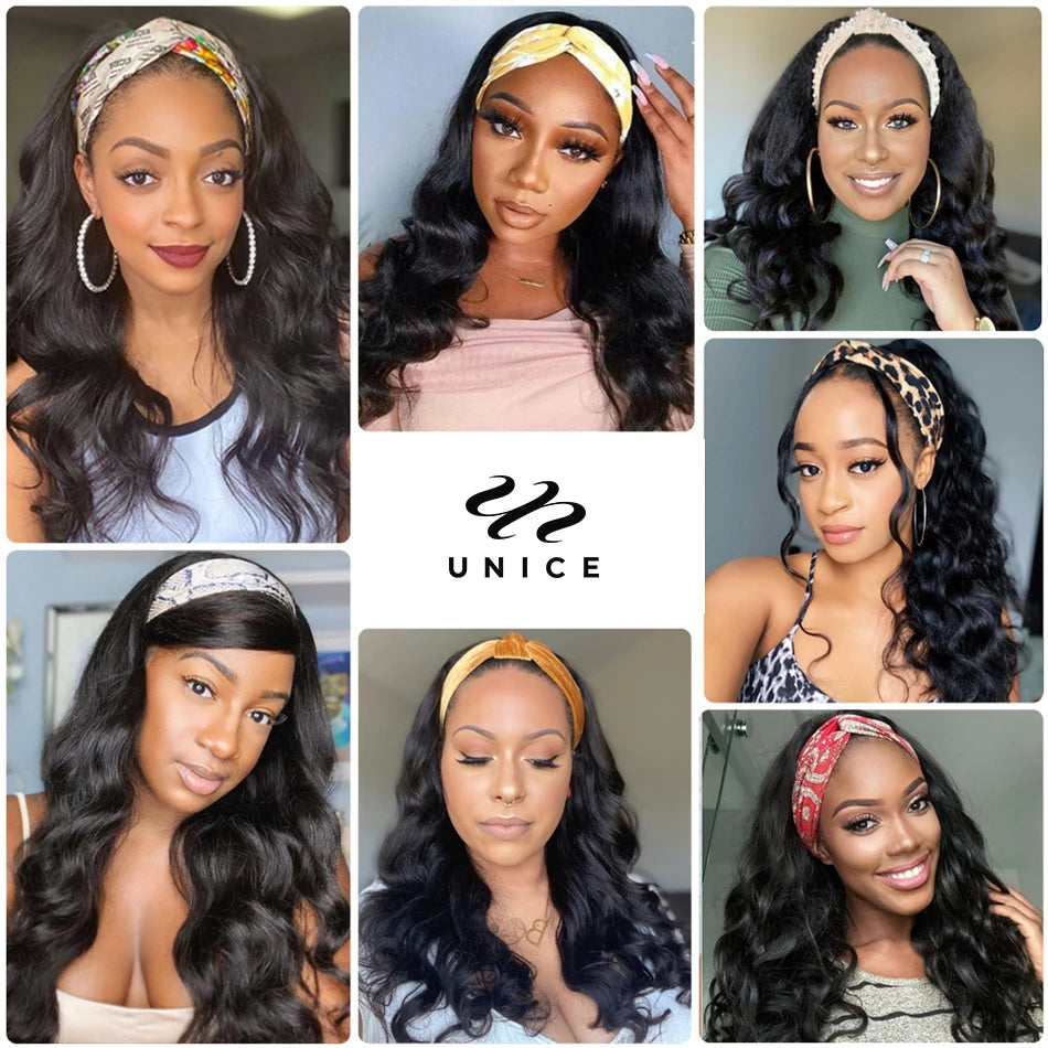 Hair Body Wave Headband Wigs 150% Density Brazilian Glueless Human Hair Wigs Natural Color Headband Scarf Wigs