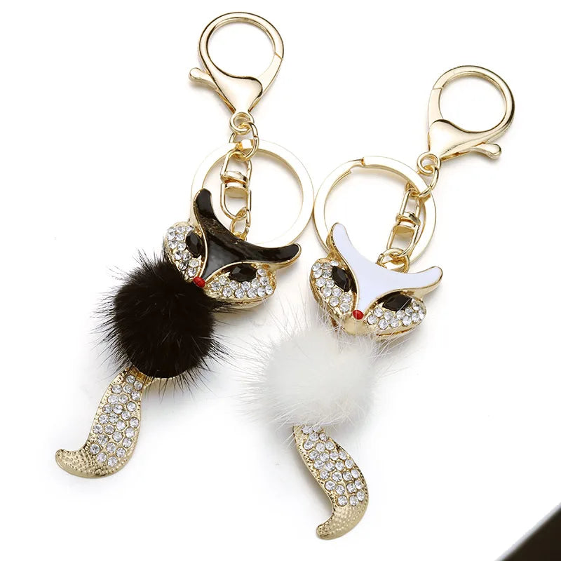 Cute Fox Fur Key Chains Rings Crystal Hot Sale Bag Pendant Anime Keyrings Keychains for Women Keyholder for Car K384