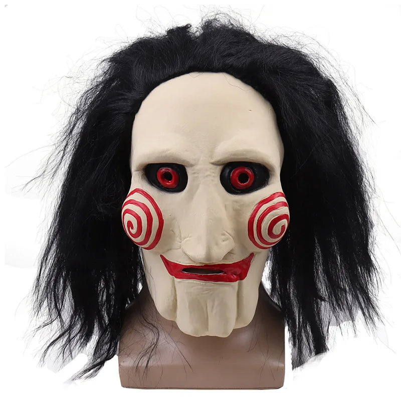 Halloween Mask Scary Chainsaw Massacre Jigsaw Saw Mask Halloween Costume Party Props and Decorations, Cosplay Mask with Wig Hair