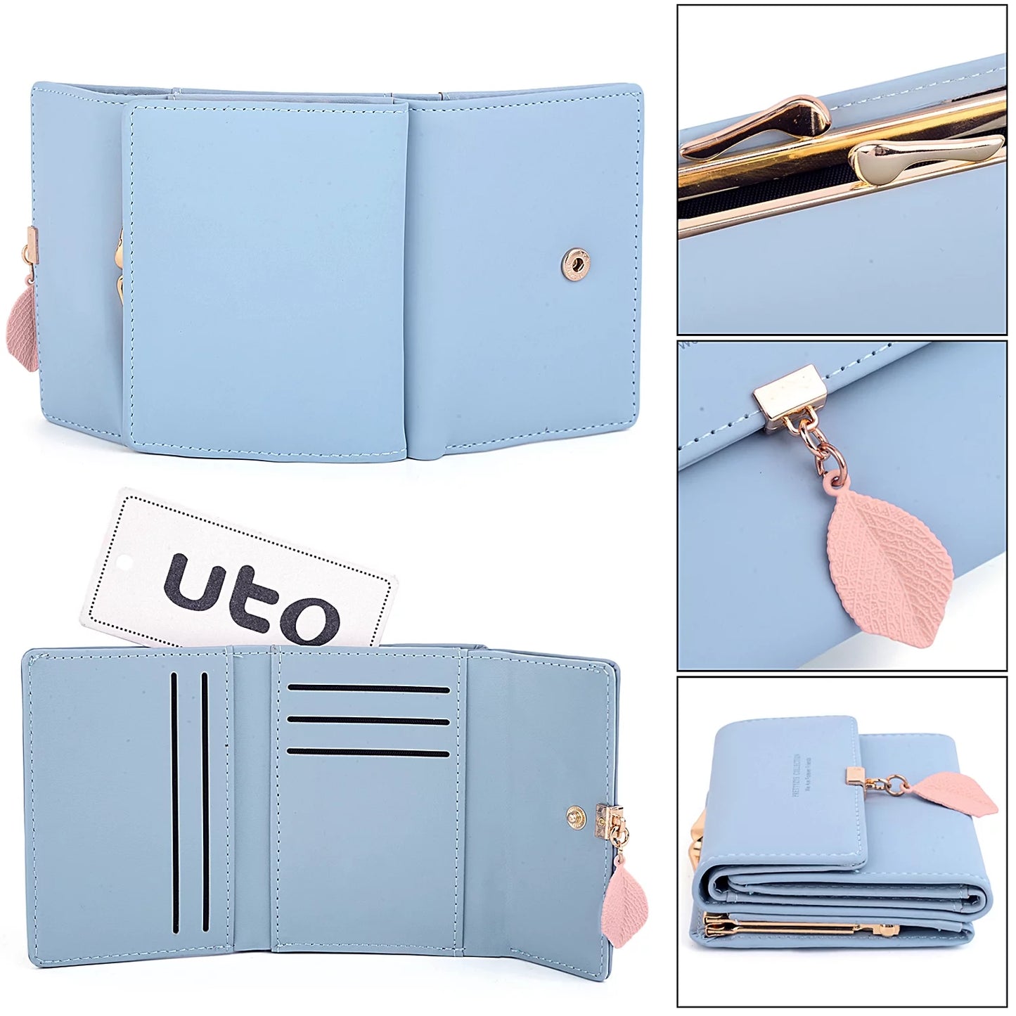 Small Wallet for Women PU Leather RFID Blocking Coin Purse Card Holder Trifold Ladies Purse Leaf Pendant(Light Blue)