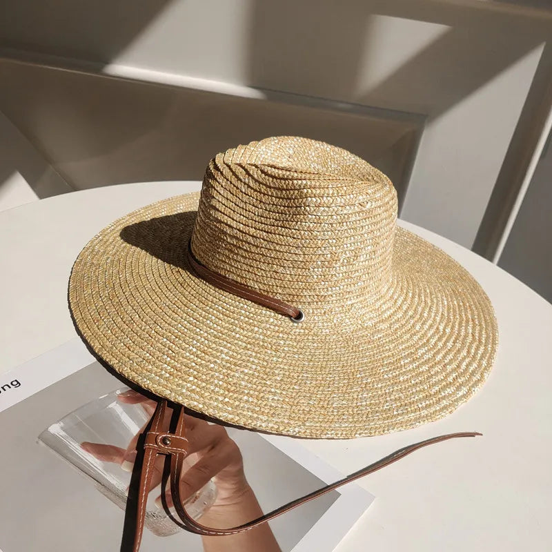 New 2024 Belt Strap Straw Sun Hat for Women Fashion Vacation Beach UV Hats Summer Wide Brim Travel Panama Hats Outdoor Wholesale