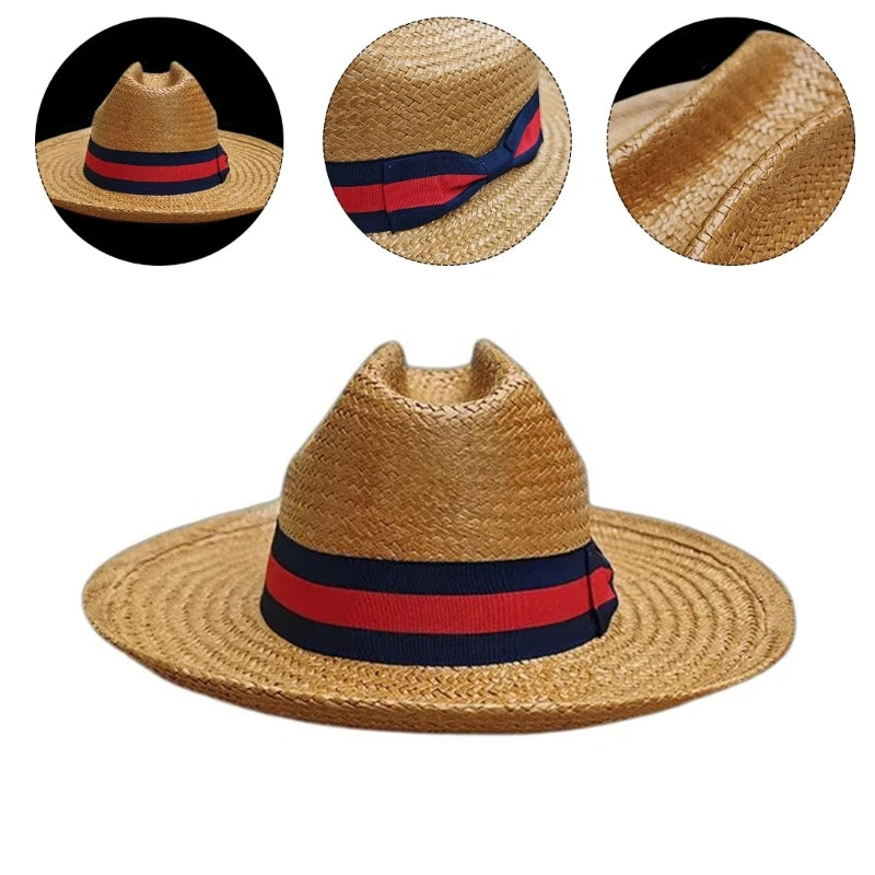 Wovenbelt Cowboy Hat for Girl Western Panamas Hat Handwoven Straw Hat Beach Vacation Picnics Hat Elegant Straw Sun Hat