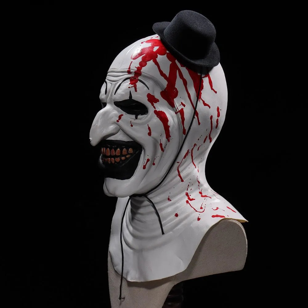 Horror Terrifier Art the Clown Mask Cosplay Creepy Bloody Demon Evil Joker Hat Latex Helmet Halloween Party Costume Props