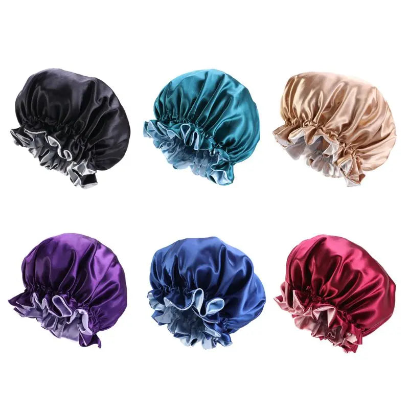 Women Double Layer Satin Sleep Bonnet Cap Large Solid Color Adjustable Elastic Ruffles Reversible Hair Loss round Night Hat