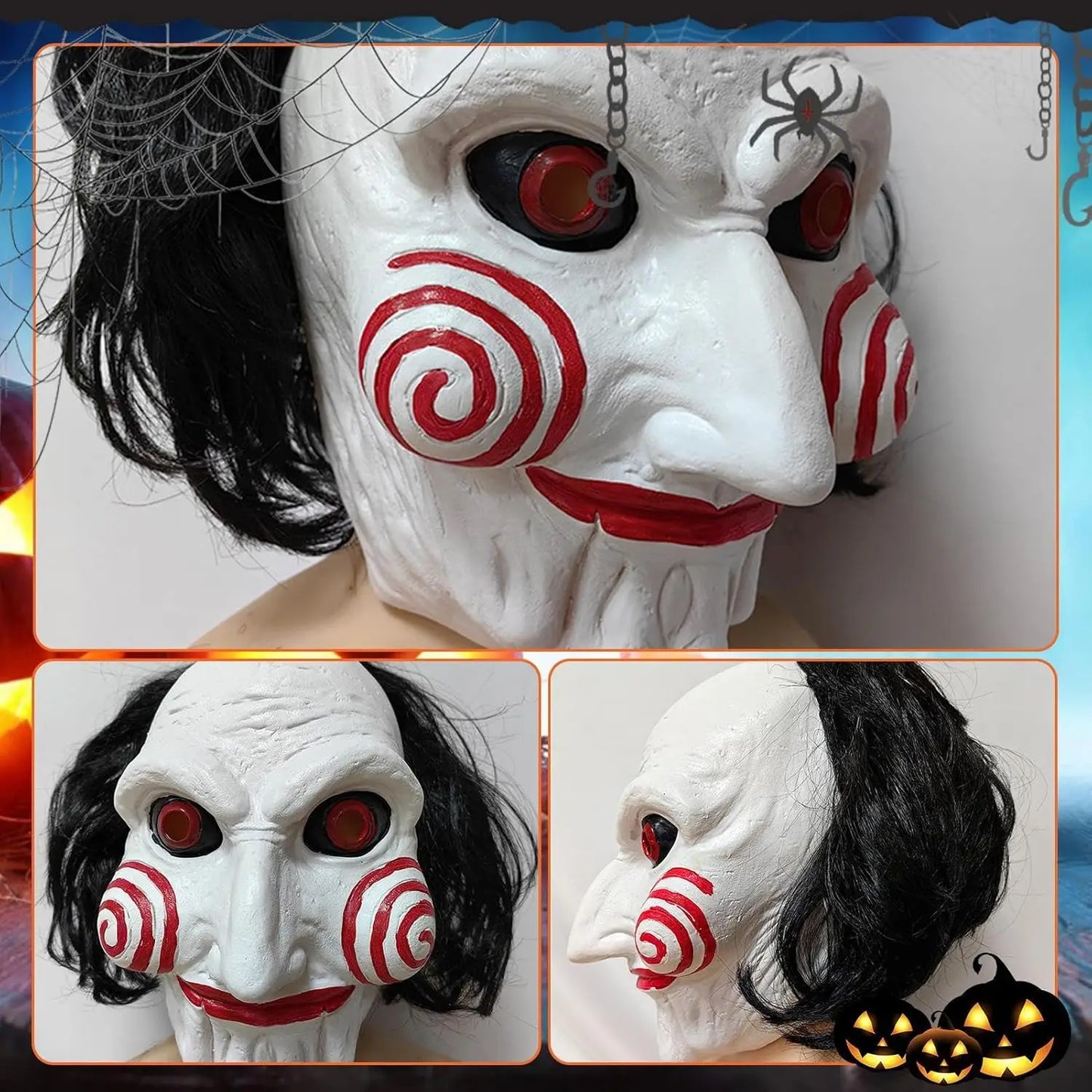 Halloween Mask Scary Chainsaw Massacre Jigsaw Saw Mask Halloween Costume Party Props and Decorations, Cosplay Mask with Wig Hair