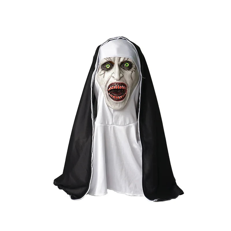 Horror Nun Latex Mask with Head Scarf Cosplay Costume Headgear Halloween Fancy Dress Party Carnival Scary Ghost Nun Mask