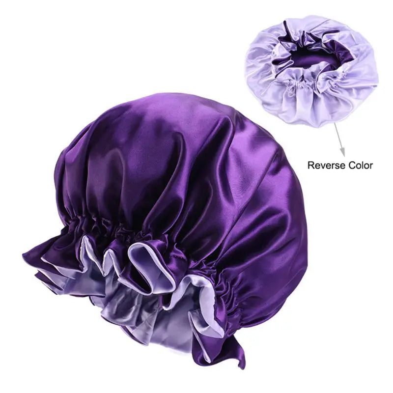 Women Double Layer Satin Sleep Bonnet Cap Large Solid Color Adjustable Elastic Ruffles Reversible Hair Loss round Night Hat