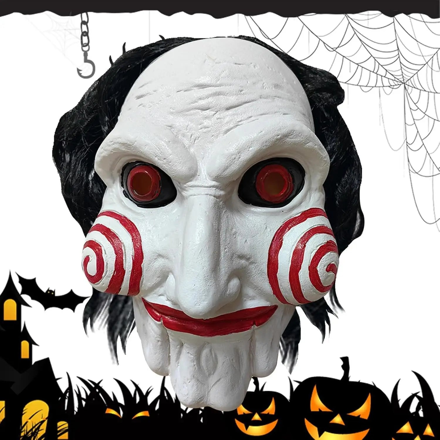 Halloween Mask Scary Chainsaw Massacre Jigsaw Saw Mask Halloween Costume Party Props and Decorations, Cosplay Mask with Wig Hair