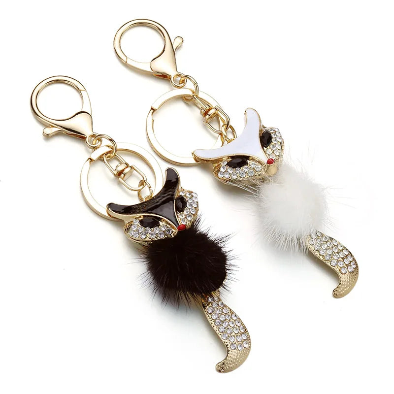 Cute Fox Fur Key Chains Rings Crystal Hot Sale Bag Pendant Anime Keyrings Keychains for Women Keyholder for Car K384