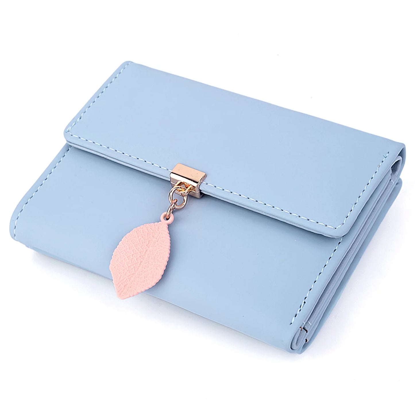 Small Wallet for Women PU Leather RFID Blocking Coin Purse Card Holder Trifold Ladies Purse Leaf Pendant(Light Blue)