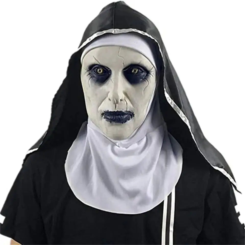 Horror Nun Latex Mask with Head Scarf Cosplay Costume Headgear Halloween Fancy Dress Party Carnival Scary Ghost Nun Mask